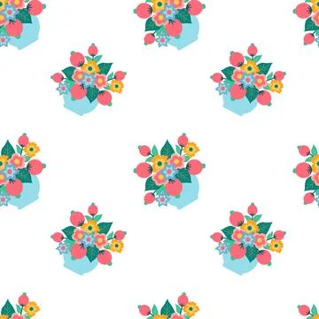 Multi-colored bouquet of flowers in a vase on a white background. Stock Illustration