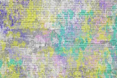 Multi-colored brick wall. Bright green, purple, yellow paint on brick texture Stock Photos