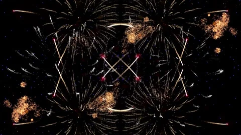 Multi-colored bright fireworks sparkle gold and purple colors on a black sky Stock Footage 280578105