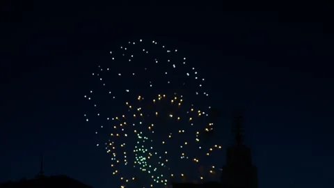 Multi-colored bright fireworks sparkle gold and green colors on the dark sk.. 库存影片 285248335