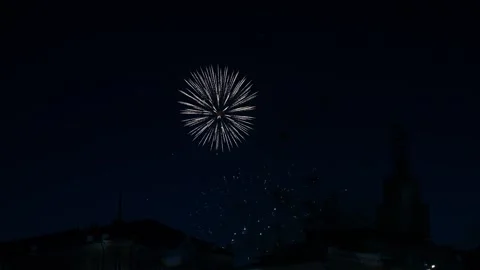 Multi-colored bright fireworks sparks of silver blue and purple color on th.. Stock Footage 287499378