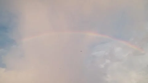 A multi-colored bright rainbow in the sky above the houses in the city. A huge Stock Footage 302372058