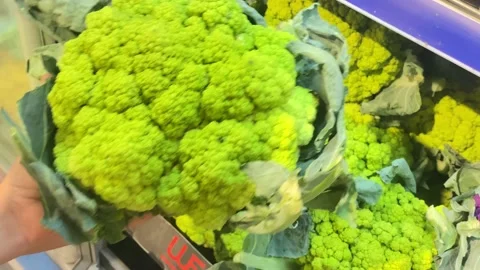 Multi-colored broccoli on the counter of the store in the refrigerator. Hands ta Stock Footage 204039133