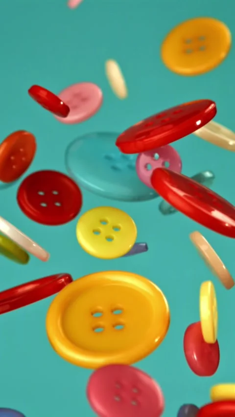 Multi-colored buttons fly on a blue background. Filmed on a high-speed camera at Stock Footage 335377777