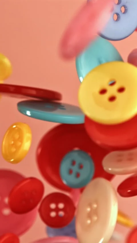 Multi-colored buttons fly on a colored background. Filmed on a high-speed camera Stock Footage 335379755