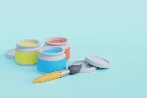 Multi-colored cans with colored paint brush and lids. 3d render Stock Photos