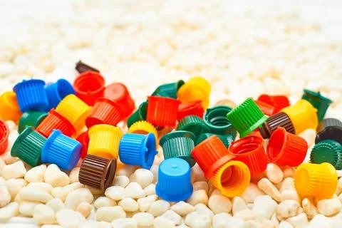 Multi colored caps lids for ketchup, mayonnaise, mustard, sauces Stock Photos