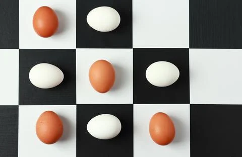 Multi-colored chicken eggs on a chessboard. Stock Photos