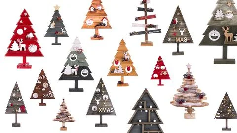 Multi-colored Christmas trees on a white background. New Year background Stock Illustration