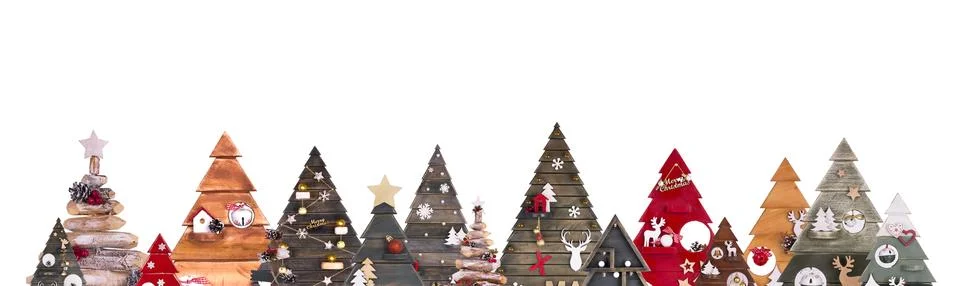 Multi-colored Christmas trees on a white background. New Year background Stock Illustration