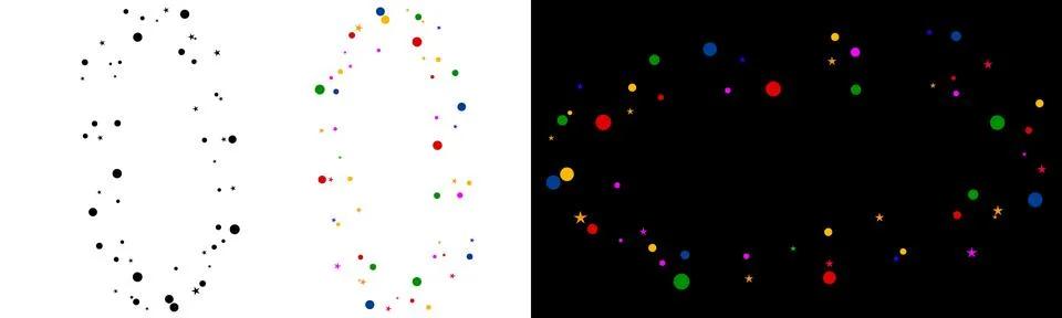 Multi colored circle and star frame, festive confetti border, geometric sha.. Ilustração Stock