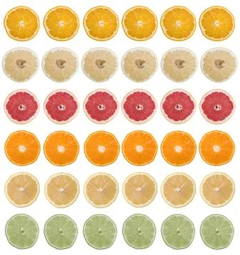Multi-colored citrus slices on a white background Foto stock