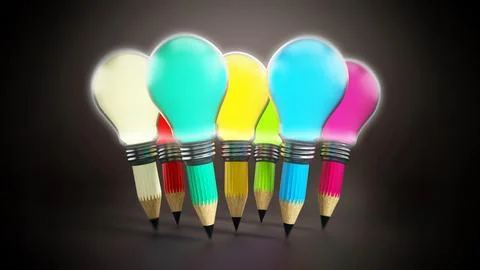 Multi-colored creative pencils and light bulbs. 3D illustration Stock Illustration