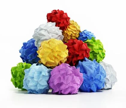 Multi-colored crumbled papers isolated on white background. 3D illustration Stock Illustration