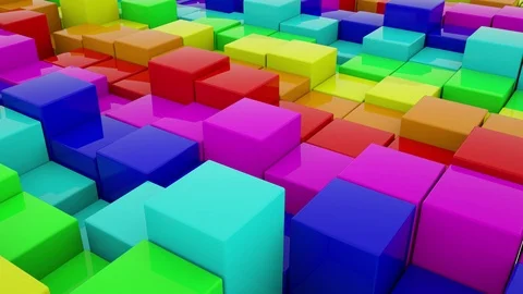 Multi-colored cubes slowly rise and fall. Abstract 3D rainbow background. 3d ren Stock Footage 124984591