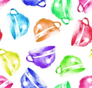 Multi-colored cups Seamless pattern. Watercolor Stock Illustration