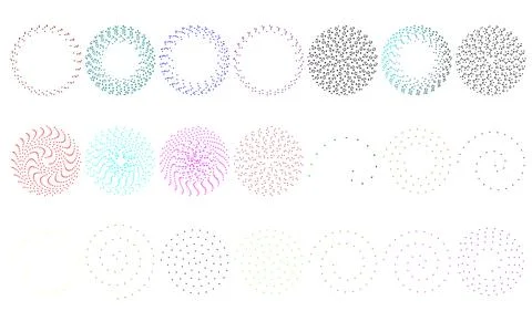 Multi colored dashed spiral set, small colorful radial patterns, artistic c.. Stockillustratie