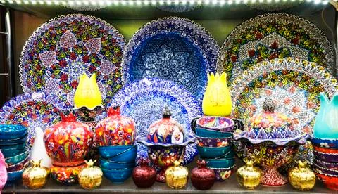 Multi-colored decorative Turkish Oriental ornamental ceramic ware on the shel Stock Photos