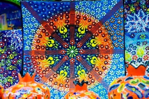 Multi-colored decorative Turkish Oriental ornamental ceramic ware on the shel Stock Photos