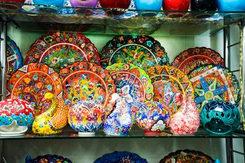 Multi-colored decorative Turkish Oriental ,Azerbaijani ornamental ceramic war Stock Photos