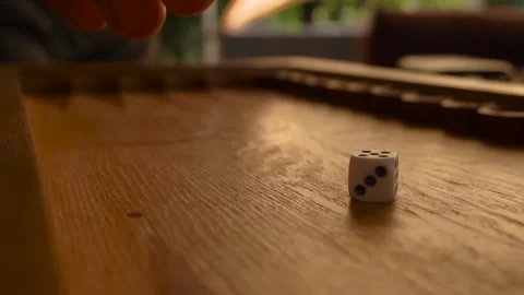 Multi-colored dice lie on wooden board for backgammon. player prepares to move Stock Footage 161351988