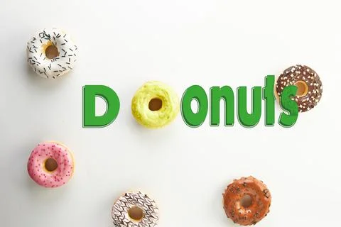 Multi Colored donuts with icing, sprinkles and the inscription donuts on white Stock Photos