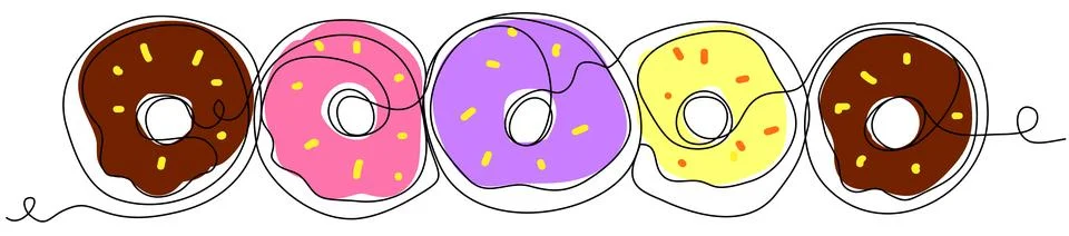 Multi-colored donuts in one line on a white background. Stock Illustration