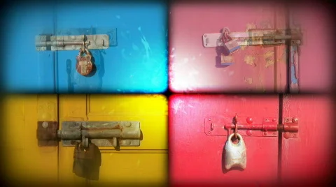 Multi colored doors and locks x4. Stock Footage 618356