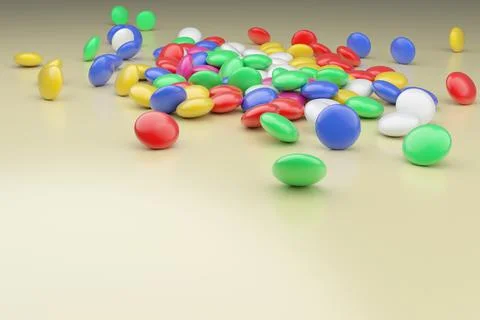 Multi-colored dragees scattered on the table. 3D render. Stockillustratie