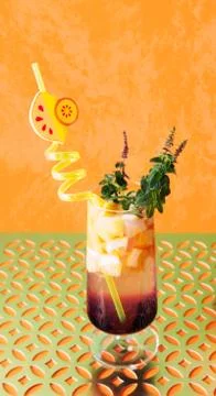 Multi-colored drink with pieces of fruit, mint and an unusual straw. Stock Photos