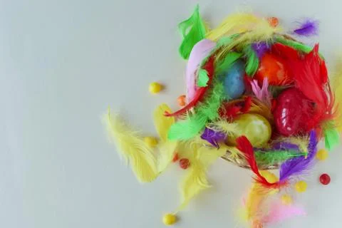 Multi-colored Easter eggs and feathers in a nest on a light background Stock Photos