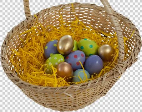 Multi colored easter eggs in basket nest Stock Photos