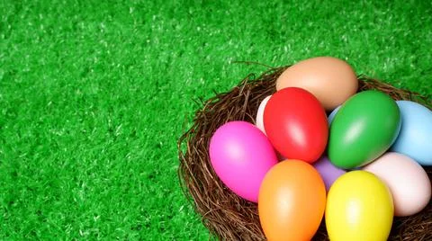 Multi colored easter eggs in birds nest on green grass lawn background 스톡 사진