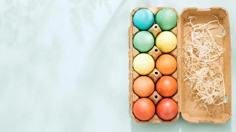 Multi-colored Easter eggs in carrying and transportation carton or box Stock Photos