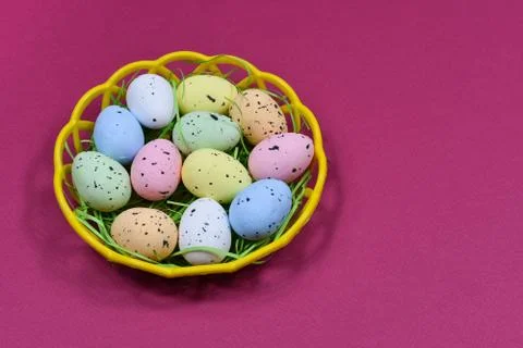 Multi-colored Easter eggs in a yellow basket on a dark pink background Stock Photos