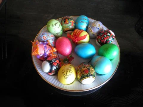 Multi colored egg Easter indoors no people still life table Holiday high angle Stock Photos