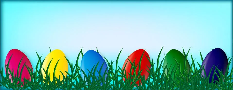 Multi-colored eggs in the grass on a blue background Stock Illustration