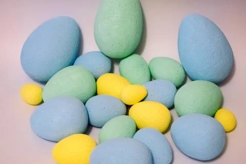 Multi-colored eggs made of polystyrene, Easter decor for studios made of poly Stock Photos