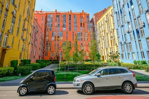 .multi-colored facades of high-rise buildings Stock Photos