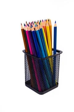 Multi-colored felt-tip pens in a glass on a white background, close-up, copy Stock Photos