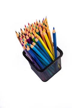 Multi-colored felt-tip pens in a glass on a white background, close-up, copy Stock Photos