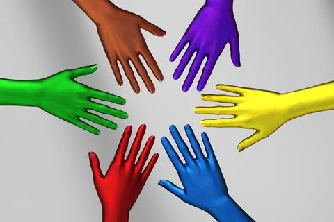 Multi-colored female hands on top of each other as a team. 3d illustration. Stock Illustration
