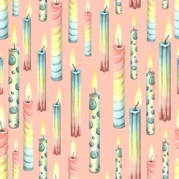 Multi-colored festive candles with fire, for a cake, birthday, holiday on a pink Illustration