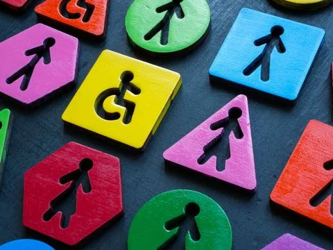 Multi-colored figures and disabled person sign. 스톡 사진