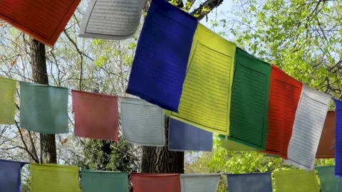 Multi-colored flags with text hanging on a rope 스톡 동영상 242357311