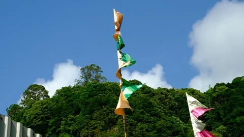 Multi-colored flags waving on a flagpole. Stock Footage 134610346