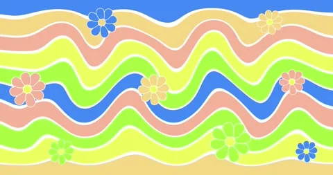 Multi-colored flowers rotate against a background of multi-colored waves Stock Footage 264929242