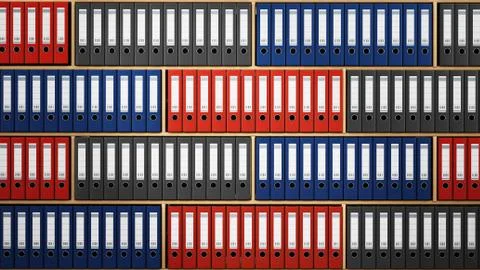 Multi colored folders arranged inside wooden shelves. 3D illustration Stock Illustration