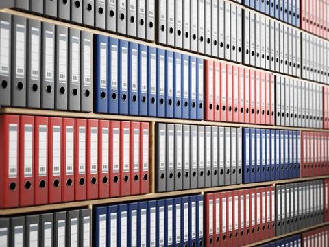 Multi colored folders arranged inside wooden shelves. 3D illustration Mult... Stock Photos