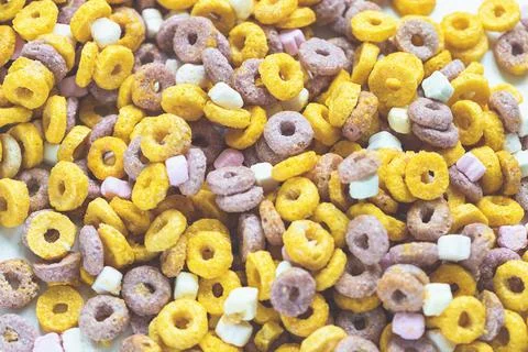 Multi colored fruit loops background. Close up Stock Photos